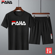 FAHA輕奢品牌短袖T恤男運(yùn)動(dòng)套裝男士春夏新款寬松跑步短褲運(yùn)動(dòng)褲男裝 大F黑色短 2XL（建議170-185斤）