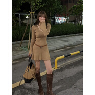 韓系喇叭袖V領(lǐng)針織連衣裙女秋季穿搭辣妹氣質(zhì)百褶短裙長(cháng)袖打底裙 喇叭袖裙子(送皮帶) 均碼 S