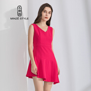 名師路不規則連衣裙女春秋款韓版不對稱(chēng)下擺無(wú)袖連衣裙V領(lǐng)中腰大擺裙 玫紅色63 M