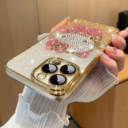 速舞 蘋果15promax手機殼女款立體KT鑲鉆16Pro自帶鏡頭膜iPhone13硅膠軟殼14Pro全包防摔12閃粉保護套 【香檳金】閃粉立體鑲鉆KT+自帶防塵網(wǎng) iPhone 12Pro Max【