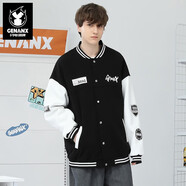 閃電潮牌（GENANX）美式復古夾克情侶裝vibe風(fēng)撞色拼接袖棒球服外套男易穿搭 黑色 S