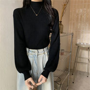 皮爾卡丹（pierre cardin）高領針織衫毛衣女秋冬加厚2025新款打底衫燈籠袖內(nèi)搭長袖上衣 黑色 S