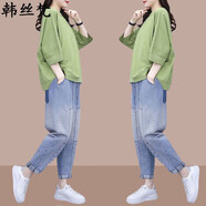 韓絲梵短袖t恤女2025年夏季新款韓版時尚顯瘦休閑套裝女士上衣寬松潮 5036#綠色套裝 4XL 【建議160-175斤】
