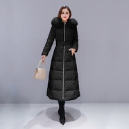 毅珊羽絨服女長款2025年新款女大狐貍真毛領過膝白鴨絨冬天外套 黑色+整條純黑真狐貍毛領 M