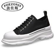 波佐斯（POEZONIS）情侶帆布男鞋春季潮流百搭厚底增高板鞋夏男士布鞋運(yùn)動(dòng)松糕老爹潮 黑色白底（男款） 38