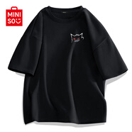 名創(chuàng)優(yōu)品（MINISO）國(guó)風(fēng)熊貓印花t恤男純棉2025夏季新中式簡(jiǎn)約百搭寬松大碼男士短袖 【100%純棉 親膚透氣】黑色(怪咖白胸標(biāo)) S 165 (男女同款)
