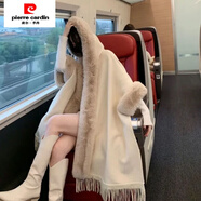 皮爾卡丹（pierre cardin）英格蘭氣質(zhì)毛領(lǐng)連帽針織開衫女秋冬加絨加厚流蘇復(fù)古披肩斗篷外套 米杏色版 均碼