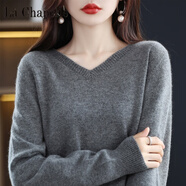 拉夏貝爾（La Chapelle）澳洲毛衫女2023秋冬V領(lǐng)寬松套頭毛衣羊毛針織打底衫長袖 純100自動發(fā)熱灰色 純100自動發(fā)熱S