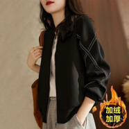 索宛亦（SUOWANYI）大碼女裝寬松顯瘦長(cháng)袖夾克立領(lǐng)棒球服2022秋冬新款太空棉黑色外套 黑色 加絨 L 建議105-125斤