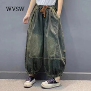 WVSW潮牌復(fù)古松緊腰系帶牛仔褲女2024新款歐美風(fēng)寬松顯瘦闊腿燈籠褲 復(fù)古懷舊色 L【建議115-130斤】