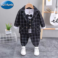 A 21 FUNB男童春秋套裝一周歲禮服男孩帥氣童裝生日西裝男寶寶紳士衣服春秋 條紋小西裝三件套灰色 90 cm 1歲半-2歲左【20-25斤】