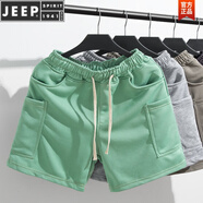 JEEP SPIRIT不過膝蓋工裝三分短褲男純色3分褲修身四分褲4分流行針織休閑短褲 淺綠色 42 2XL 125-140斤左右