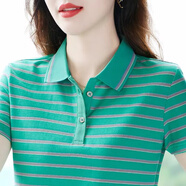 啄木鳥純棉短袖t恤女寬松夏時尚減齡媽媽polo衫條紋百搭上衣翻領(lǐng)大碼潮 湖綠色 (啄木鳥) 4XL （145-155斤）