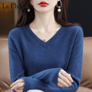 拉夏貝爾（La Chapelle）澳洲毛衫女2023秋冬V領(lǐng)寬松套頭毛衣羊毛針織打底衫長袖 純100自動發(fā)熱海藻藍 純100自動發(fā)熱XL