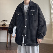 卡圖弛小香風(fēng)外套男春季潮流刺繡長(zhǎng)袖夾克休閑寬松韓版格子開(kāi)衫男裝上衣 黑色 XL