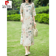 皮爾卡丹（pierre cardin）中式斜襟盤扣改良旗袍連衣裙女夏季新款中袖印花立領(lǐng)苧麻顯瘦長裙 圖片色 XL 【建議135-150斤】