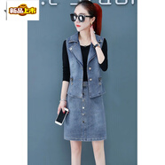 初徑牛仔套裝連衣裙女2025年春季新款韓版女裝馬甲兩三件套半身裙子2 馬甲+短裙+黑色長(cháng)T 三件套 M 95-105斤