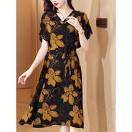 皮爾卡丹（pierre cardin）官方高端香云紗裙子真絲雙縐大版型連衣裙寬松版遮肉腰帶款夏天舒 品牌旗艦黑 品牌旗艦XL 120斤