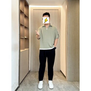 普戈斯（PUGESI）胖子大碼230斤夏季冰絲墜感短袖T恤男寬松大碼V領(lǐng)假兩件半袖體恤 咖啡純色T恤+黑色拉鏈褲 XL 建議140-160斤
