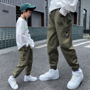 夢想邦尼男童褲子春秋款兒童寬松工裝褲2025新款中大童男孩秋裝休閑褲潮流 0136款-軍綠色【春秋單褲】 170 cm