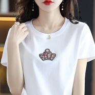 SXA香港潮牌短袖t恤女絲光棉2025夏季新款燙鉆印花T恤百搭打底上衣 白色彩色皇冠 L