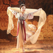 布戀貓漢服女童秋款款兒童古裝薄款中國(guó)風(fēng)3-12歲小女孩敦煌公主襦裙演出 三色女童月牙紫+米色披帛 140 cm