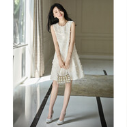 德瑪納國風(fēng)新中式輕薄3D剪花肌理無袖A字背心裙藏肉連衣裙 米白 XL 