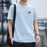 JEEP SPIRIT吉普純棉短袖T恤男寬松薄款體恤男士圓領(lǐng)夏季休閑青年半袖打底衫 淺藍色 3XL （建議155-165斤）