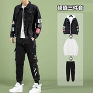 GXMY【三件套】牛仔外套男2021春秋季衣服男裝新款運動休閑套裝男士暗黑系潮流機能工裝夾克男 926黑色+百搭純T+K501工裝褲【三件套】 3XL【建議體重160-180斤】