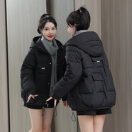 喻小熊青少女生羽絨服大學(xué)生穿的東北短款初中高中女孩韓版面包服冬外套 黑色 M 105斤以下