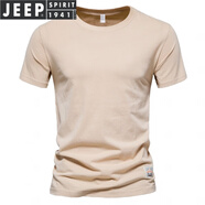 吉普（JEEP）輕奢高檔G重磅t恤男短袖美式復古純棉圓領寬松純色白色打底衫半袖 杏色 AE九0一杏色圓領短袖 XS (80-100斤)