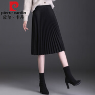 皮爾卡丹高檔品牌女裝半身裙女毛呢短裙2022春秋新款小個(gè)子打底裙子顯瘦百褶裙傘裙秋冬 黑色中款 63cm 秋冬款 均碼