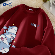 回力衛衣男春秋季設計感重磅外套圓領(lǐng)潮牌卡通鯊魚(yú)學(xué)生男女款大碼上衣 酒紅(大星星鯊胸右下標) L /175(回力潮牌 品質(zhì)保障)