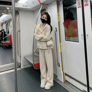 韓璐嬌（hanlujiao）衛(wèi)衣女2025春秋穿搭女套裝新款韓系休閑運動服洋氣連帽開衫兩件套 糯米白 XL 【建議115-130斤】