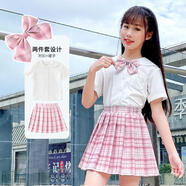 界方1-14歲洋氣小孩夏天穿的春秋女童套裝秋季兒童百褶格裙小學(xué)生中大童短裙子jk服六一表演服 少女新粉裙+JK白短袖+領(lǐng)花 140cm
