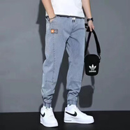 軒萊雅牛仔褲男士春秋季新款潮牌學(xué)生百搭工裝束腳哈褲倫九分休閑褲子男 玩褲-k325【藍色】 S