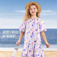 迪士尼（DISNEY）童裝兒童女童短袖連衣裙泡泡袖不易皺田園裙子24夏DB421RE15紫120