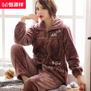 恒源祥中年媽媽加厚珊瑚絨睡衣女秋冬季中老年法蘭絨加絨大碼家居服套裝 咖啡小花朵-媽媽款 M (建議85-105斤)