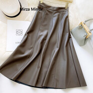 Mirza Mirror復古PU皮裙2025秋冬新款高腰A字顯瘦氣質(zhì)大擺A字裙中長(cháng)款半身裙子 駝色 L