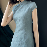 口旋短袖改良旗袍女夏復古中國風(fēng)新款長(cháng)款遮肚純色立領(lǐng)禮服連衣裙 藍灰色 M 建議96-105斤