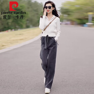 皮爾卡丹（pierre cardin）早春時(shí)尚休閑套裝女裝2023春季新款運(yùn)動(dòng)服減齡闊腿褲兩件套套裝 白衣+灰色褲 L