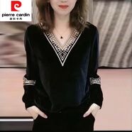皮爾卡丹（pierre cardin）大尺碼女裝v領(lǐng)t恤金絲絨上衣秋冬新款寬松顯瘦遮肚子長(zhǎng)袖時(shí)髦打底 黑色【金絲絨薄款】 3XL 建議140-160斤