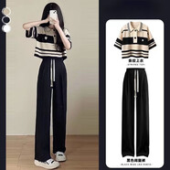 愛依服闊腿褲女時尚套裝女夏季新款韓版寬松鹽系穿搭條紋Polo領(lǐng)上衣 黑色綁帶闊腿褲單件 M_適合86-105斤