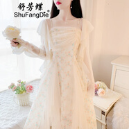 舒芳蝶（shufangdie）蕾絲碎花吊帶裙2025新款夏季法式初戀驚艷仙女連衣裙開(kāi)衫兩件套裝 杏色吊帶裙+開(kāi)衫兩件套 M