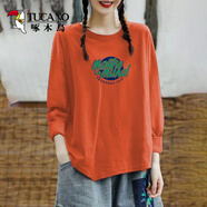啄木鳥(niǎo)純棉T恤女裝春秋全棉100%長(cháng)袖體恤2025新款打底衫印花冬圓領(lǐng)上衣 桔色【COCO愛(ài)心白】 L 建議90-110斤
