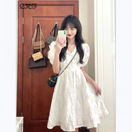 億梵莎（YIFANSHA）法式連衣裙夏季女生裙子夏天衣服2023新款泡泡袖小眾氣質(zhì)v領(lǐng)收腰 米白色 均碼