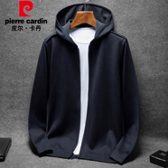 皮爾卡丹秋季大碼針織外套男開衫毛衣帶帽簡(jiǎn)歐風(fēng)百搭純色帽衫胖子外套 藏藍(lán)色 L