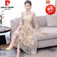 皮爾卡丹（pierre cardin）旗袍長(zhǎng)袖顯瘦修身碎花蕾絲改良版連衣裙子少女2025年新款早春秋季 杏色 M