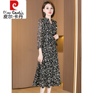 皮爾卡丹（pierre cardin）雪紡連衣裙女夏季2023新款氣質(zhì)高端時尚mm碎花長袖裙子春秋 黑色 5XL 【建議156-165斤左右】