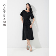 初棉腰間抽褶一字領(lǐng)針織T恤連衣裙女 24夏季修身A字顯瘦短袖長(cháng)裙 黑色 S